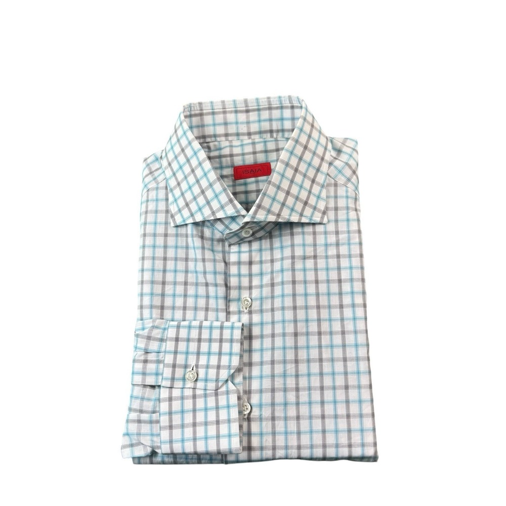 Isaia Napoli White Blue Gray Checked Cotton Men's L/S Button Front 16.5/42 NWT